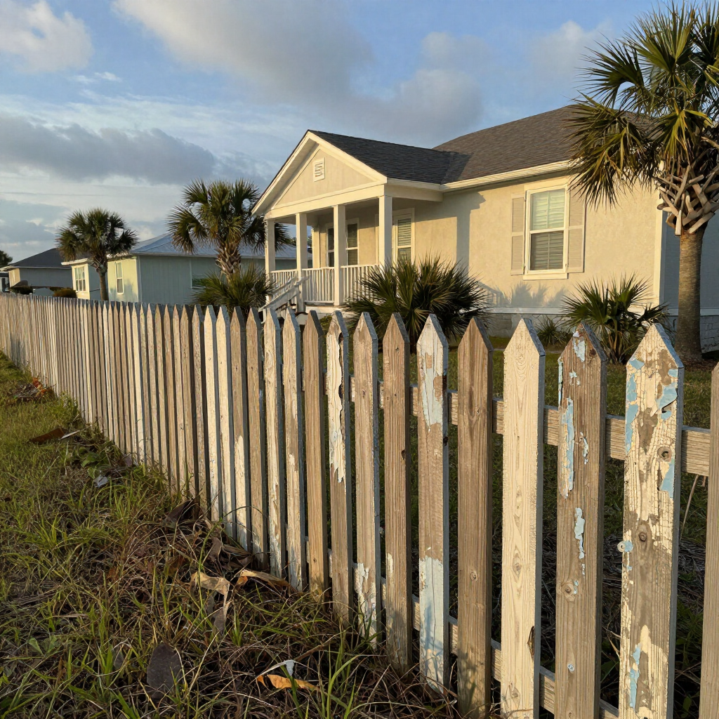 Weathered white picket fence in front of a cream house under a sunny sky
