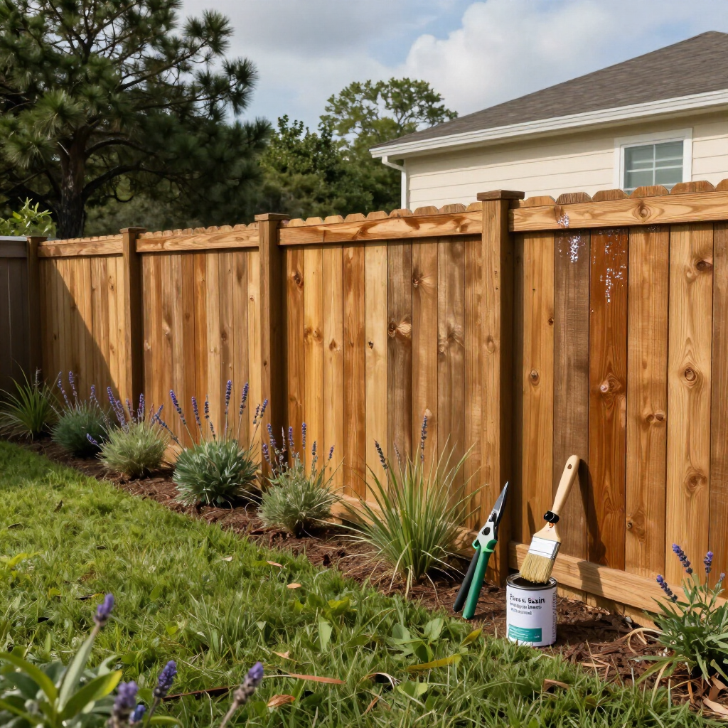 Freshly stained wooden privacy fence beside a lawn and flower bed, with paint cans and tools in front