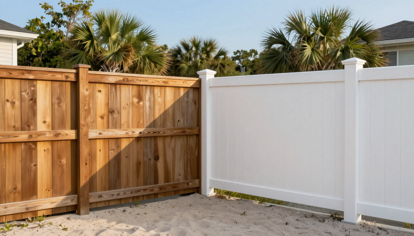 Wooden and white vinyl backyard fences meeting at a corner with palm trees behind them