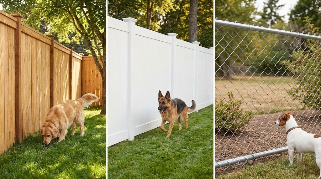 Three dogs beside different backyard fences: wooden, white vinyl, and chain-link.