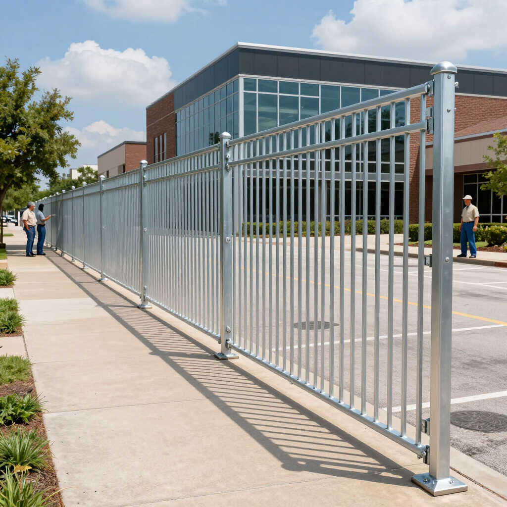 Long silver metal fence along a sidewalk beside a modern building and parking lot