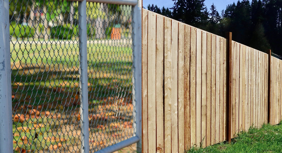 Chain-link fence beside a tall wooden privacy fence along a grassy yard