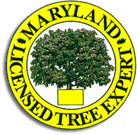Maryland Licensed Tree Expert seal: yellow with a central tree graphic.