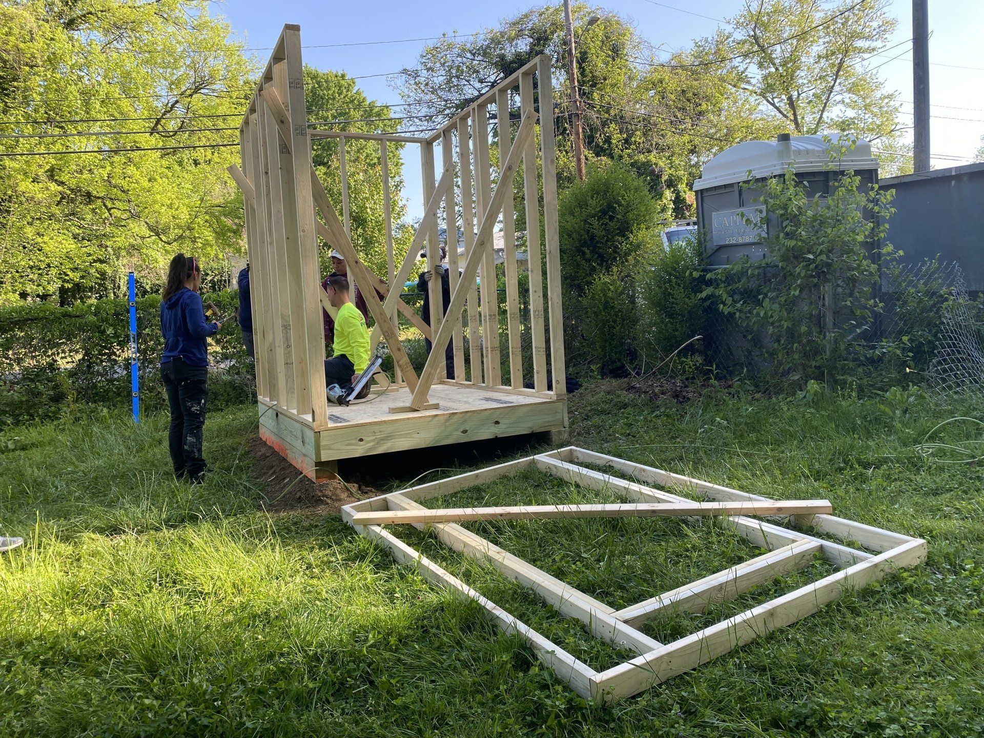 Image of shed RETEX's Mark Erickson, Katelyn Lewis, and Caleb Kammerling helped to build for Richmond Habitat for Humanity.
