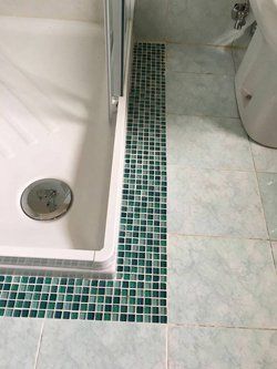 Box doccia e WC in un bagno con pavimento e bordo piastrellati in verde e bianco.