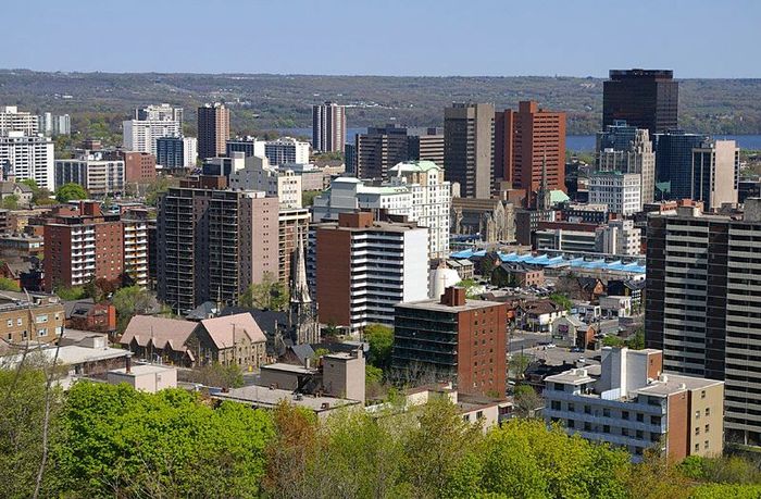 A cityscape of Hamilton, Ontario, featuring various apartment buildings and offices with a treeline in the foreground.