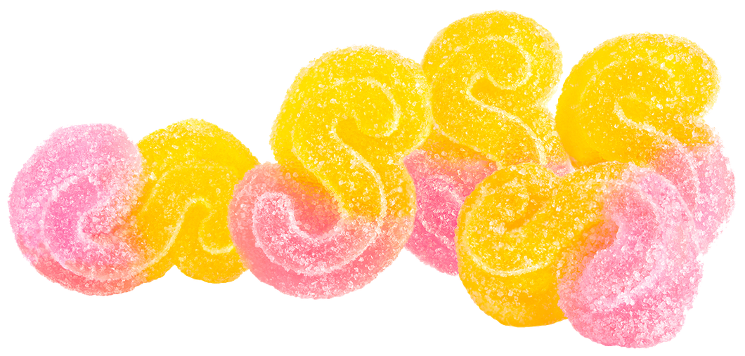 A cluster of S-shaped gummy candies, each featuring a blend of pink and yellow colors with a sparkling sugar coating.