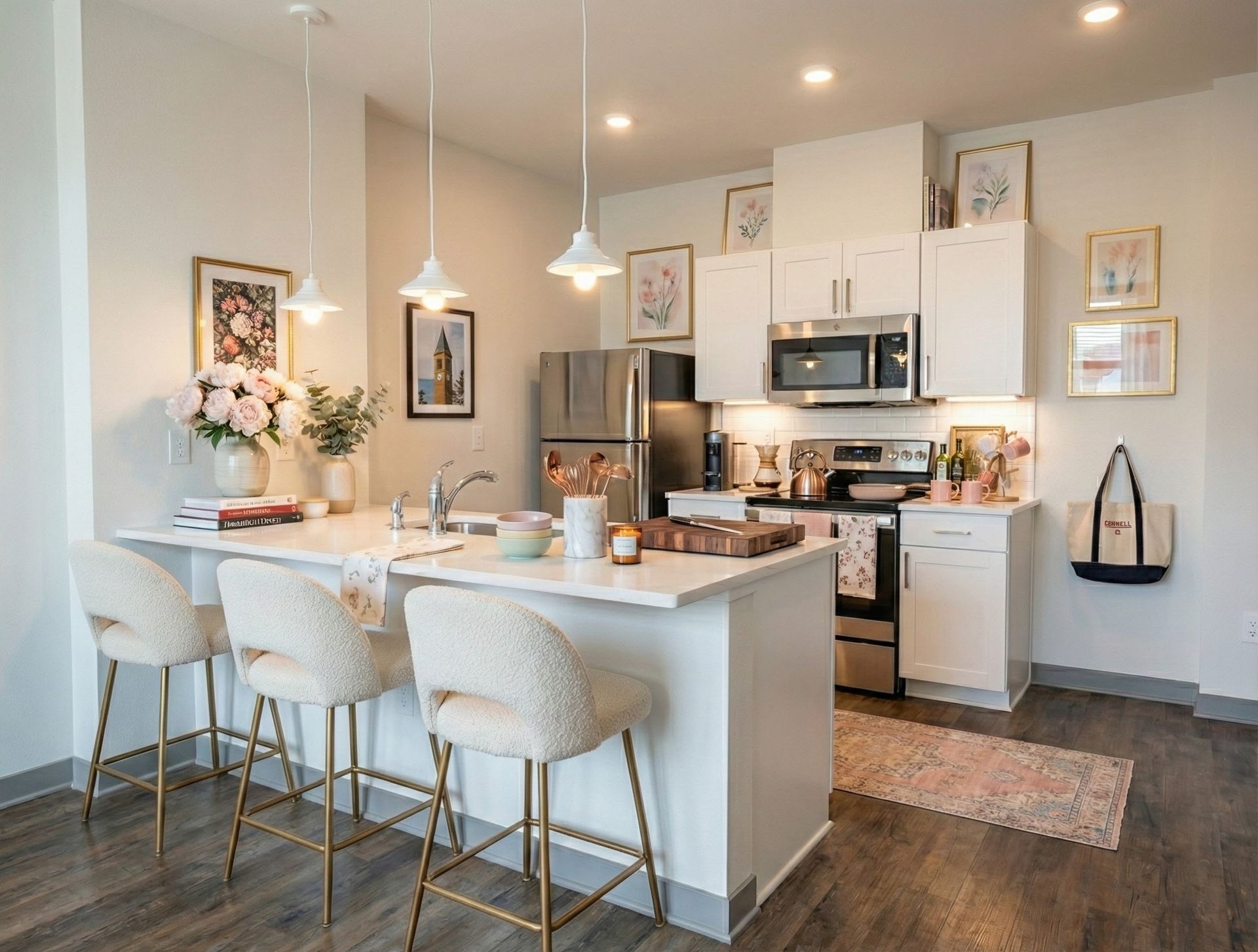 Modern kitchen with white cabinets, island with stools, and stainless steel appliances.