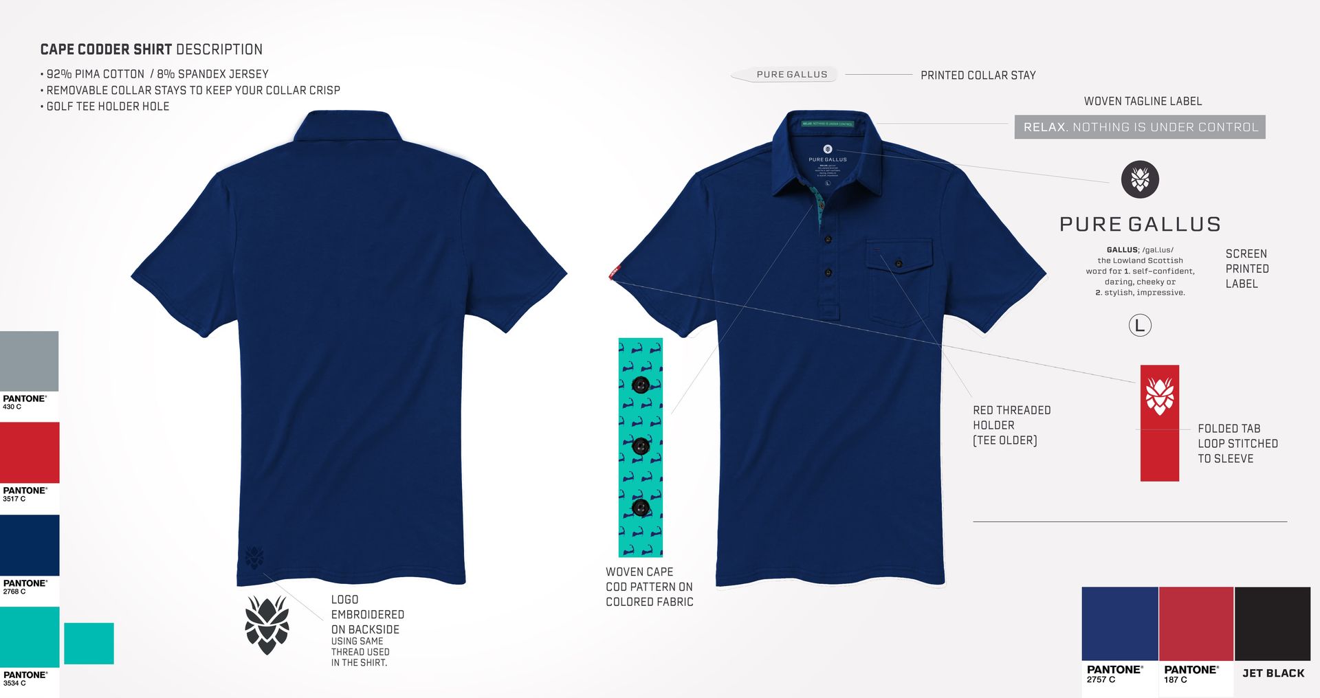 Navy blue polo shirt, front and back view, with color swatches and logo details for Pure Baller brand.