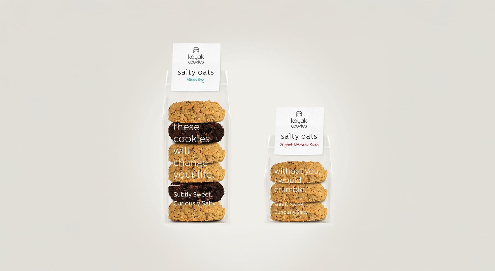 Two stacks of cookies with labels on a white background. One stack includes chocolate filling.