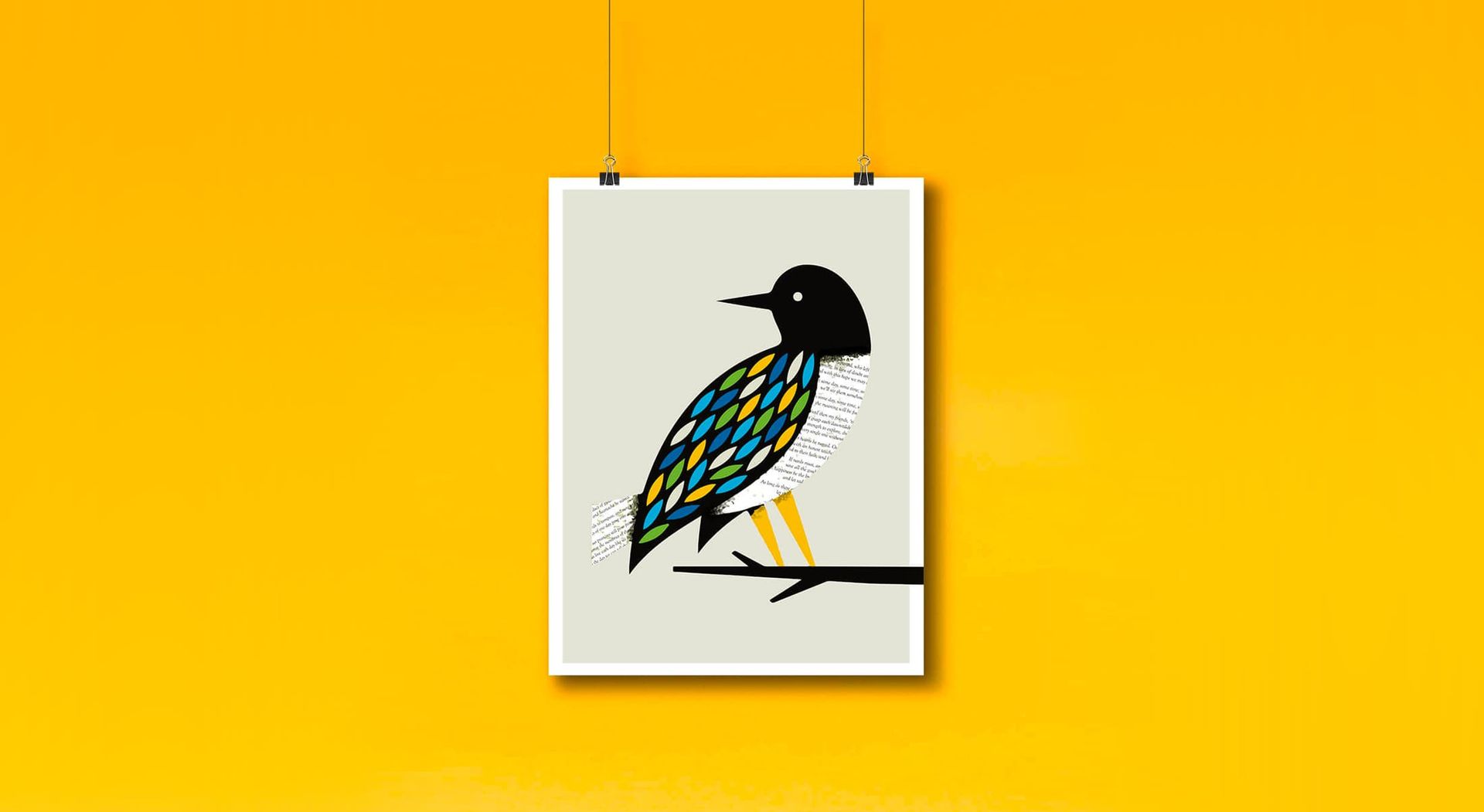Poster of a stylized bird with black head, colorful wings, perched on a branch, set against a yellow background.