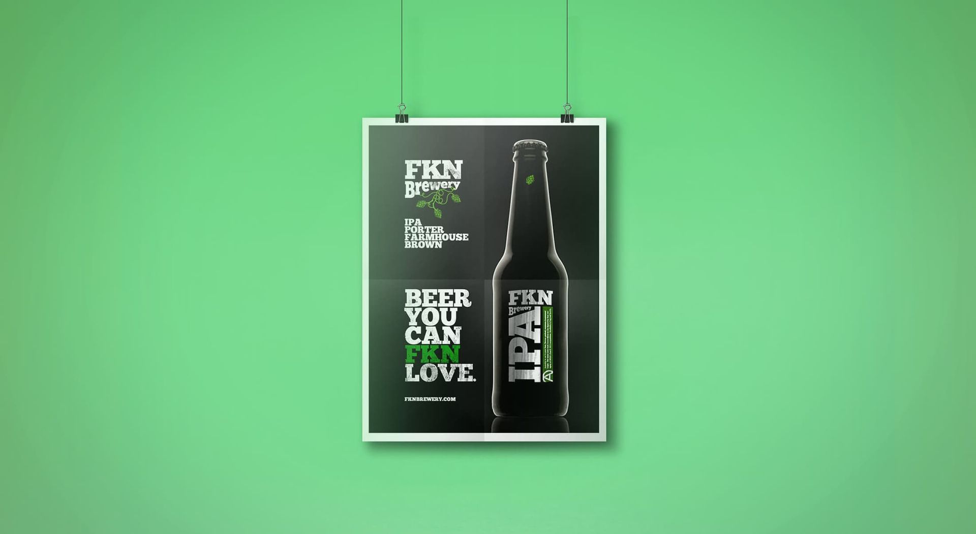 Poster advertising IPA beer; black background, bottle graphic, green text.