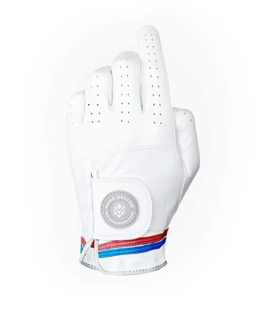 White golf glove with raised index finger, red and blue stripes, and a silver emblem.