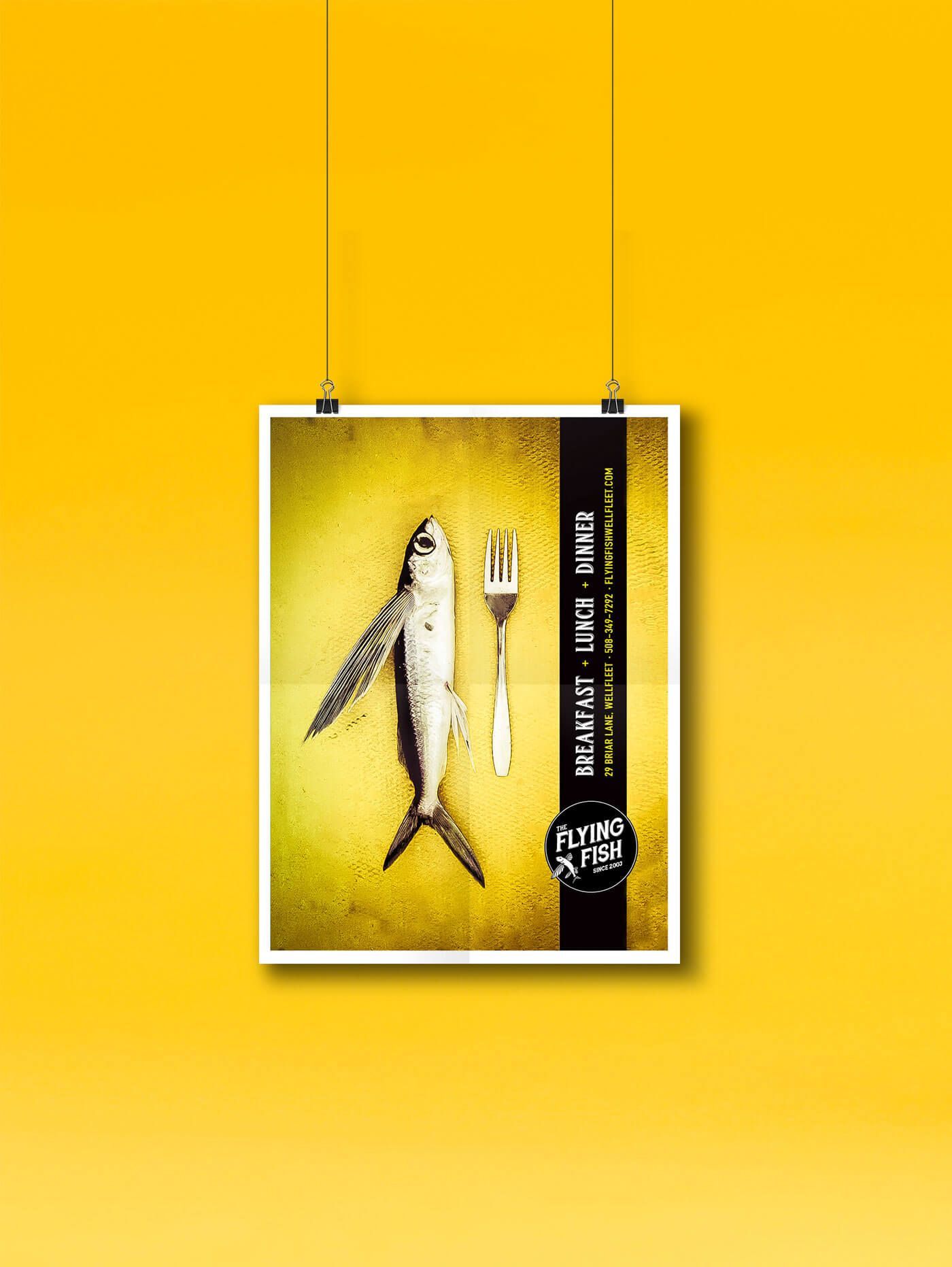 Poster with fish and fork on yellow background. Text: