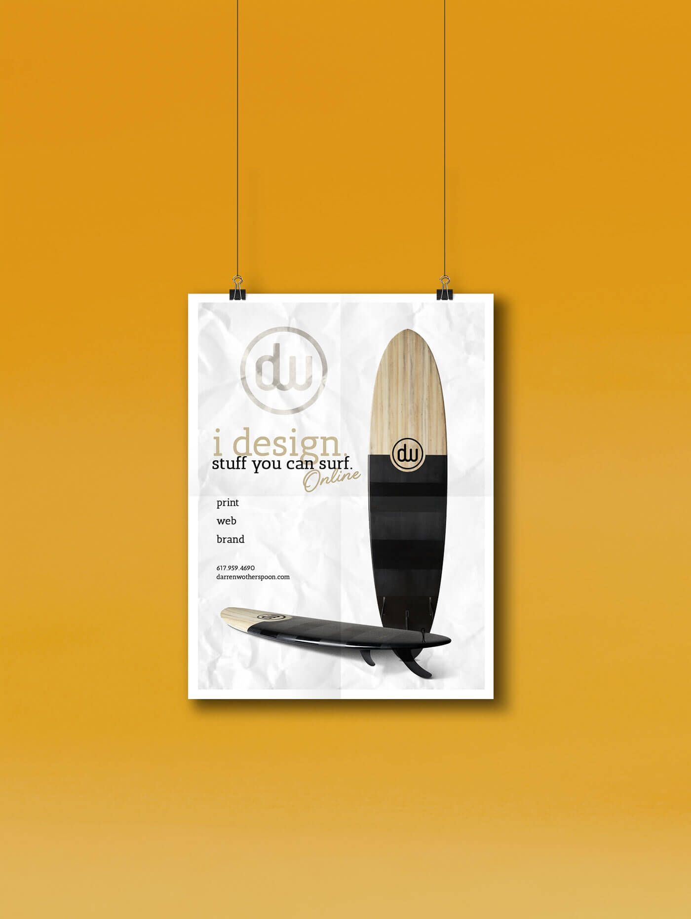 Poster of a surfboard design against an orange background. Includes a logo and tagline.