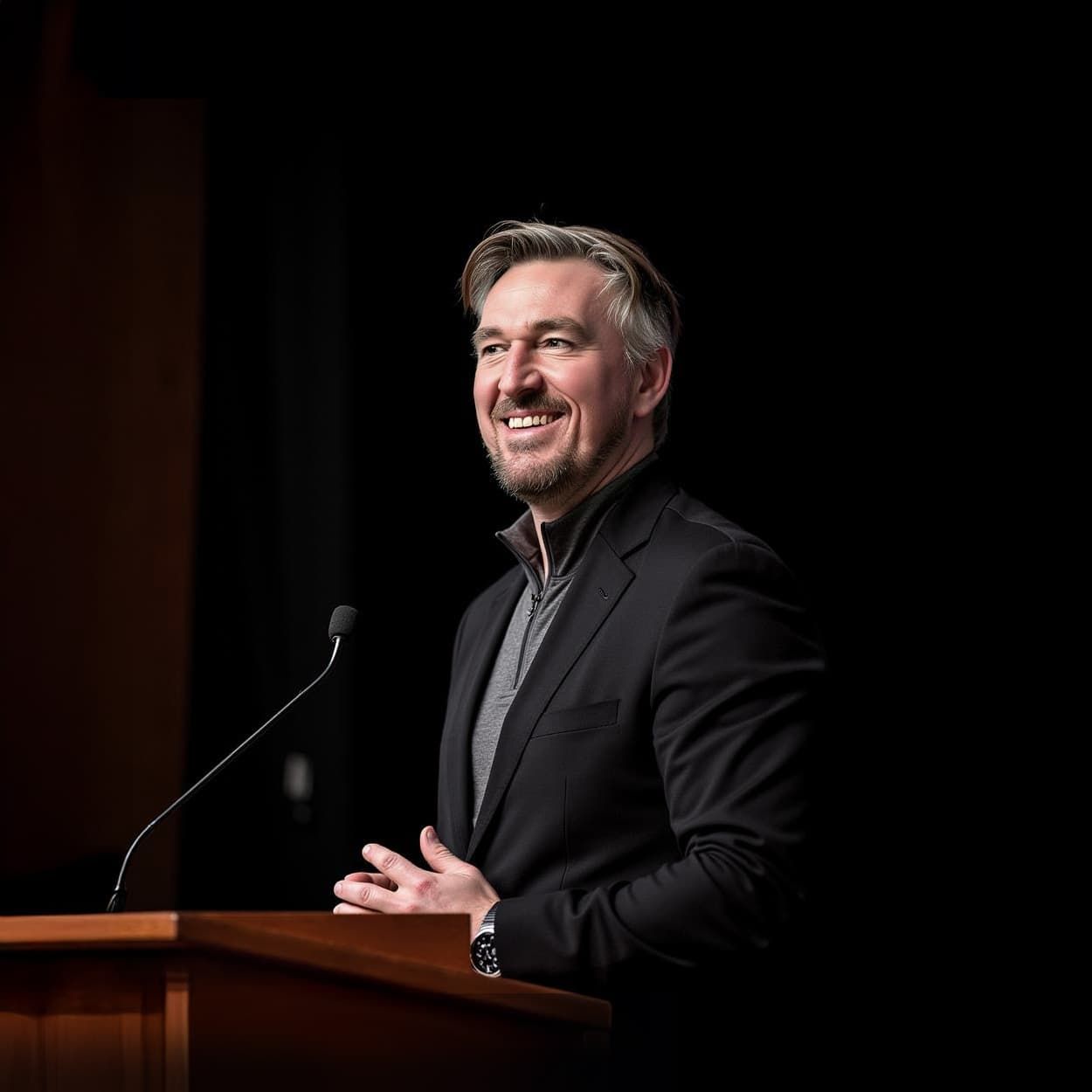 Man in a black blazer at a podium smiles, gesturing with hands. Black background.
