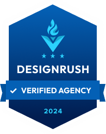 DesignRush Verified Agency badge, blue hexagon with flame icon, stars, and