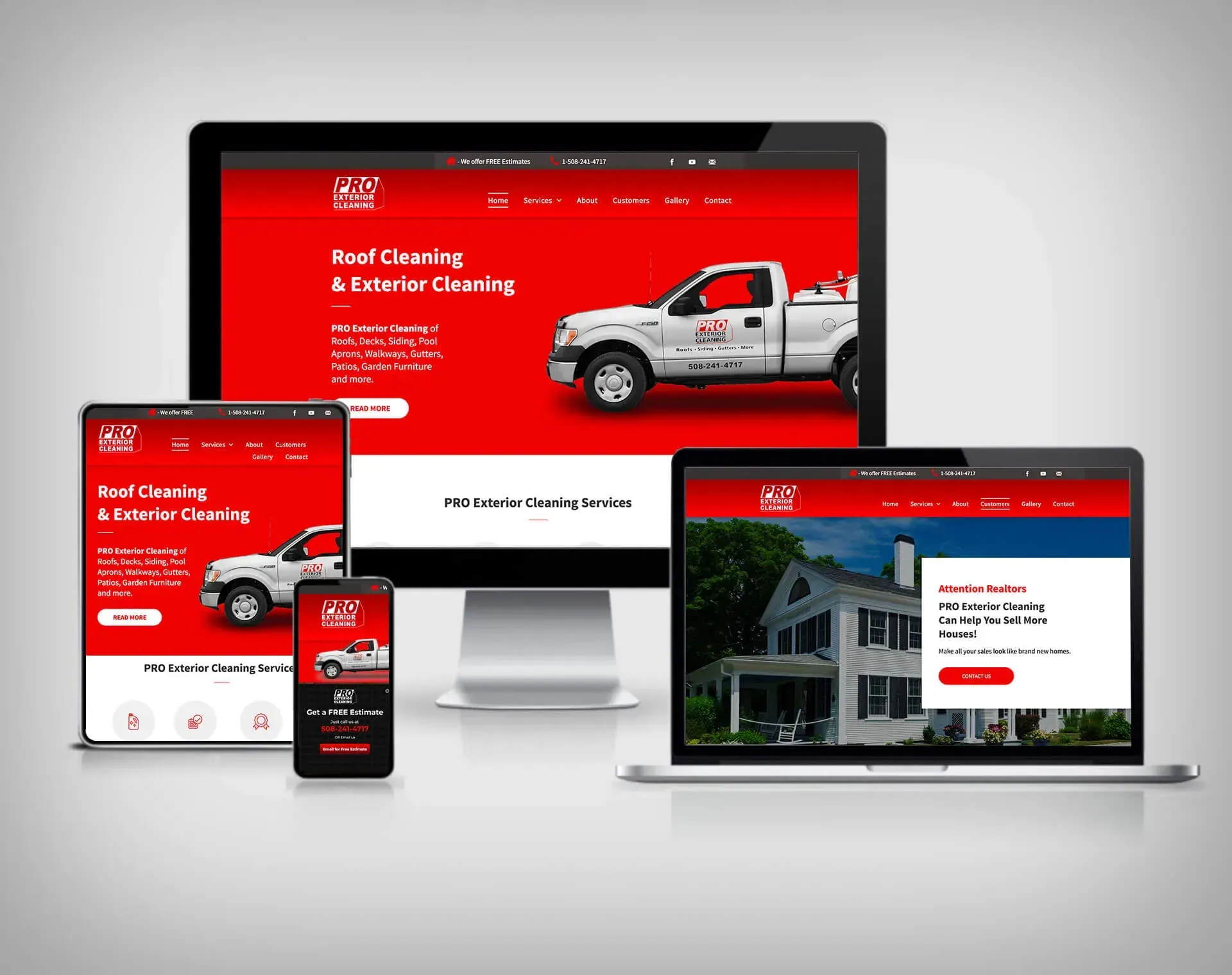 Website mockups: Desktop, tablet, laptop, and phone with a red and white themed cleaning company site.