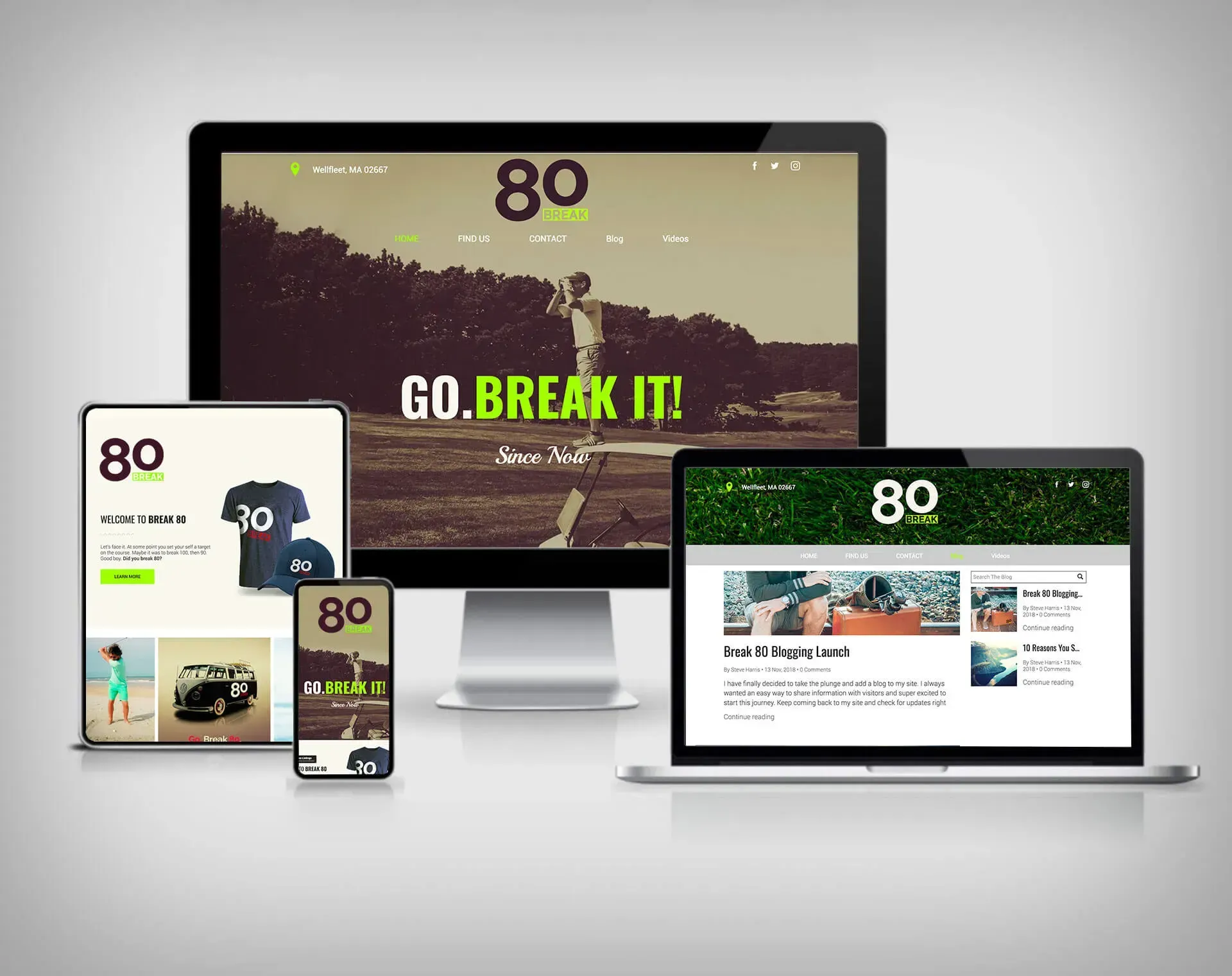 Website displayed on multiple devices: desktop, tablet, phone, and laptop. The website features green and white branding, with a golf theme.