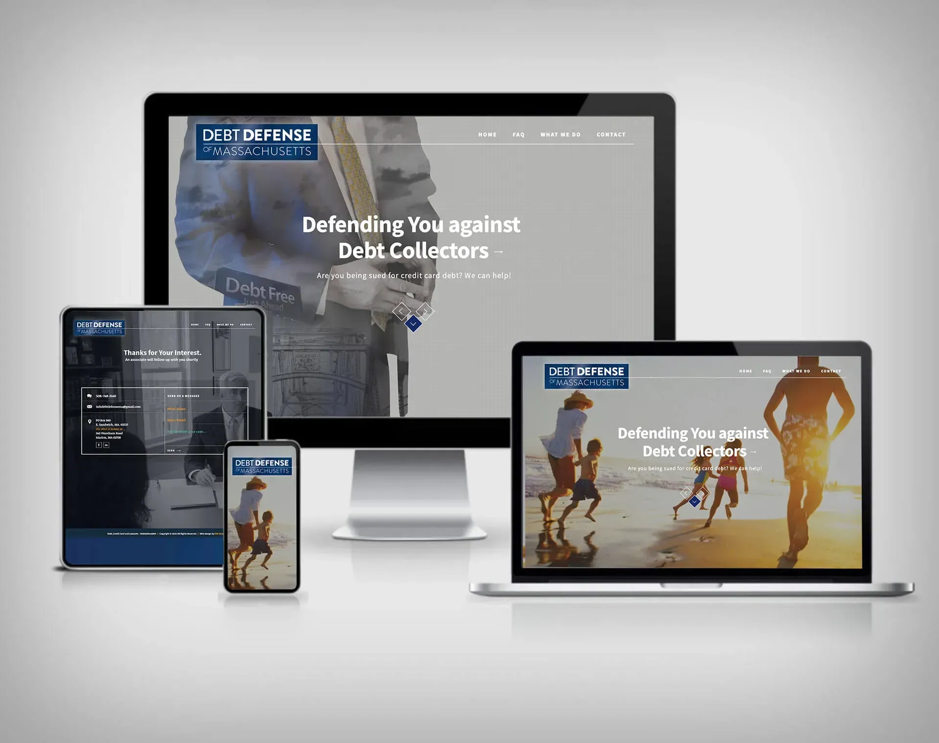 Website design showcasing different devices: desktop, tablet, phone, and laptop; website promotes debt collection defense.