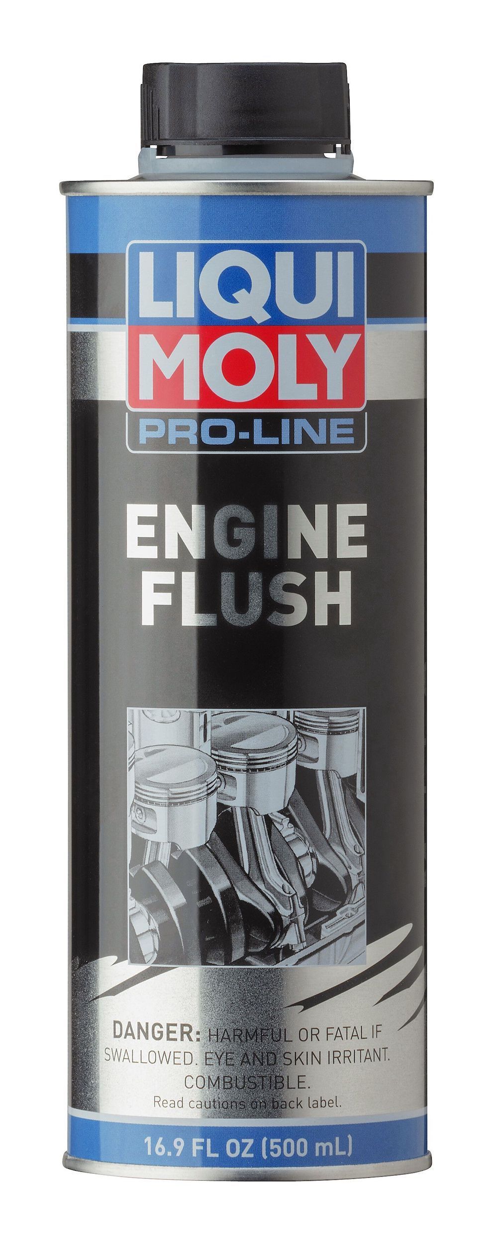 A bottle of liqui moly engine flush on a white background.