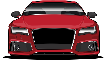 A red car is shown from the front on a white background.