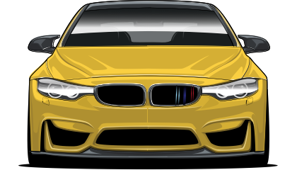 A yellow bmw m4 is shown from the front on a white background.