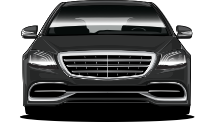 A black mercedes benz s class is shown from the front on a white background.