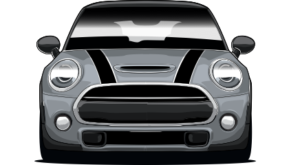 A cartoon drawing of a gray mini cooper with black stripes on the hood.