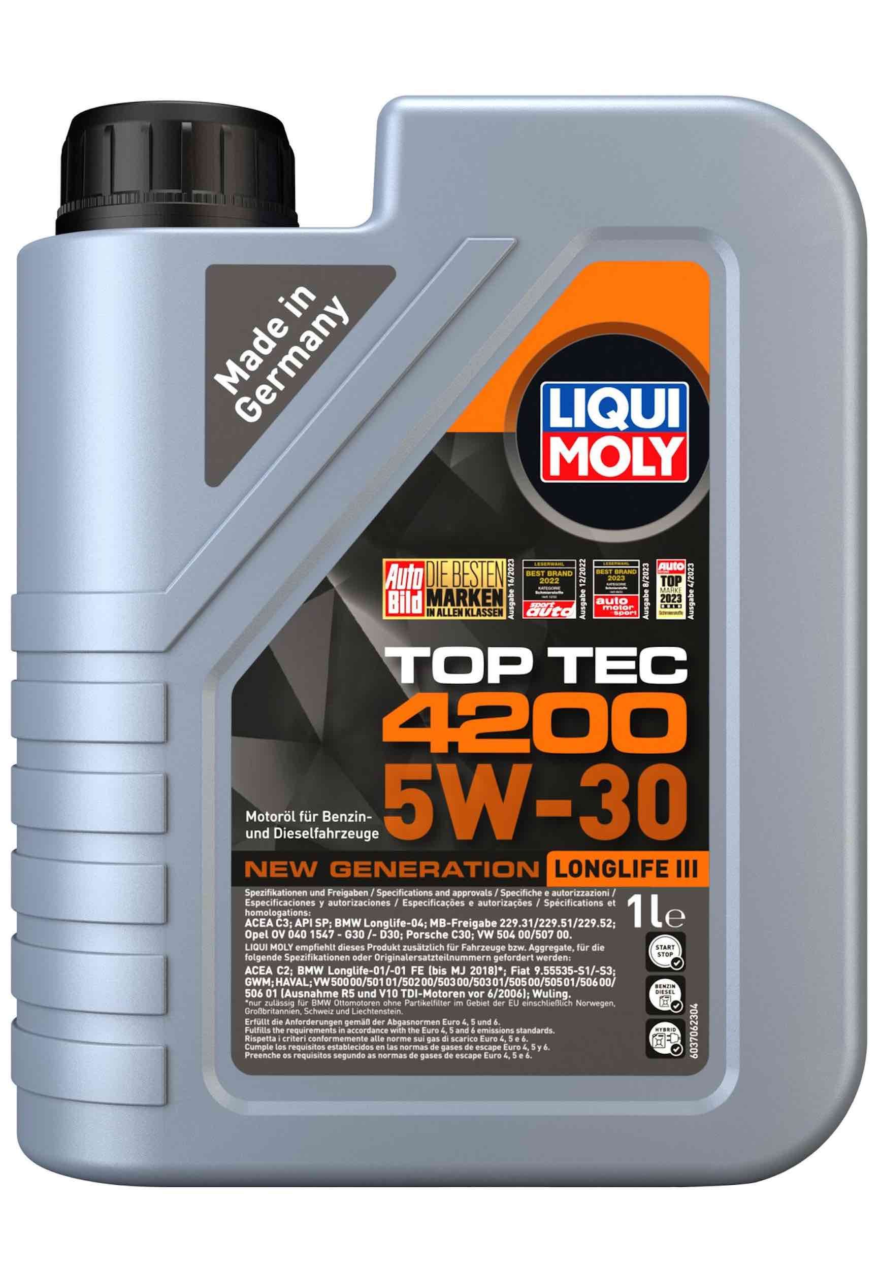 A bottle of liqui moly top tec 4200 5w-30
