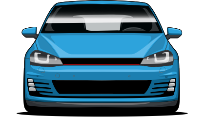 A blue car is shown from the front on a white background.