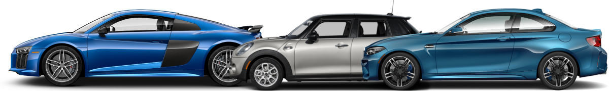 Two blue cars are parked next to each other on a white background.