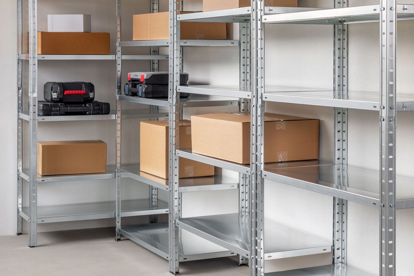 Metal shelving units filled with boxes and some electronics in a storage room.