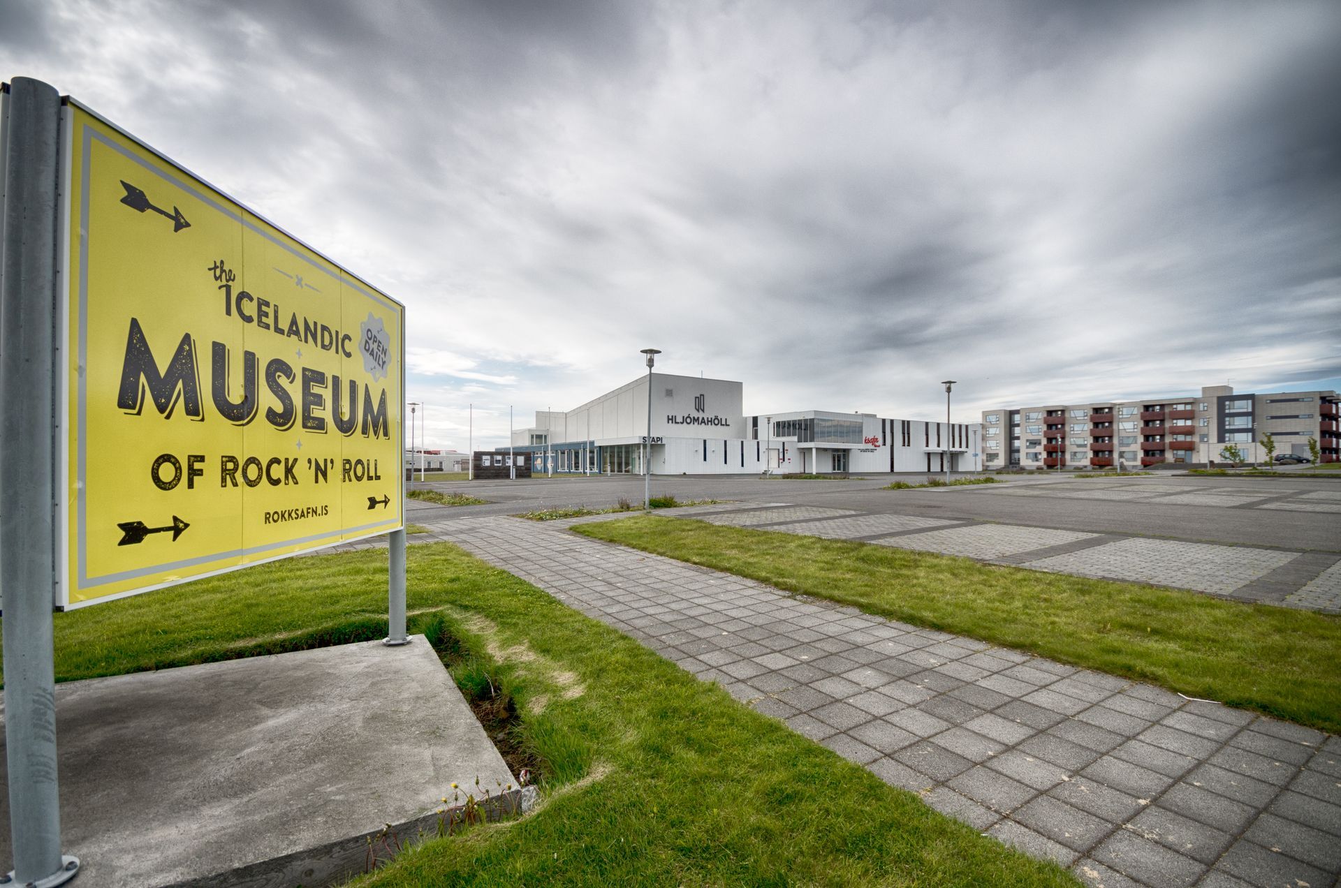 Sign for the Icelandic Museum of Rock ’n’ Roll outside Hljómahöll in Reykjanesbær.