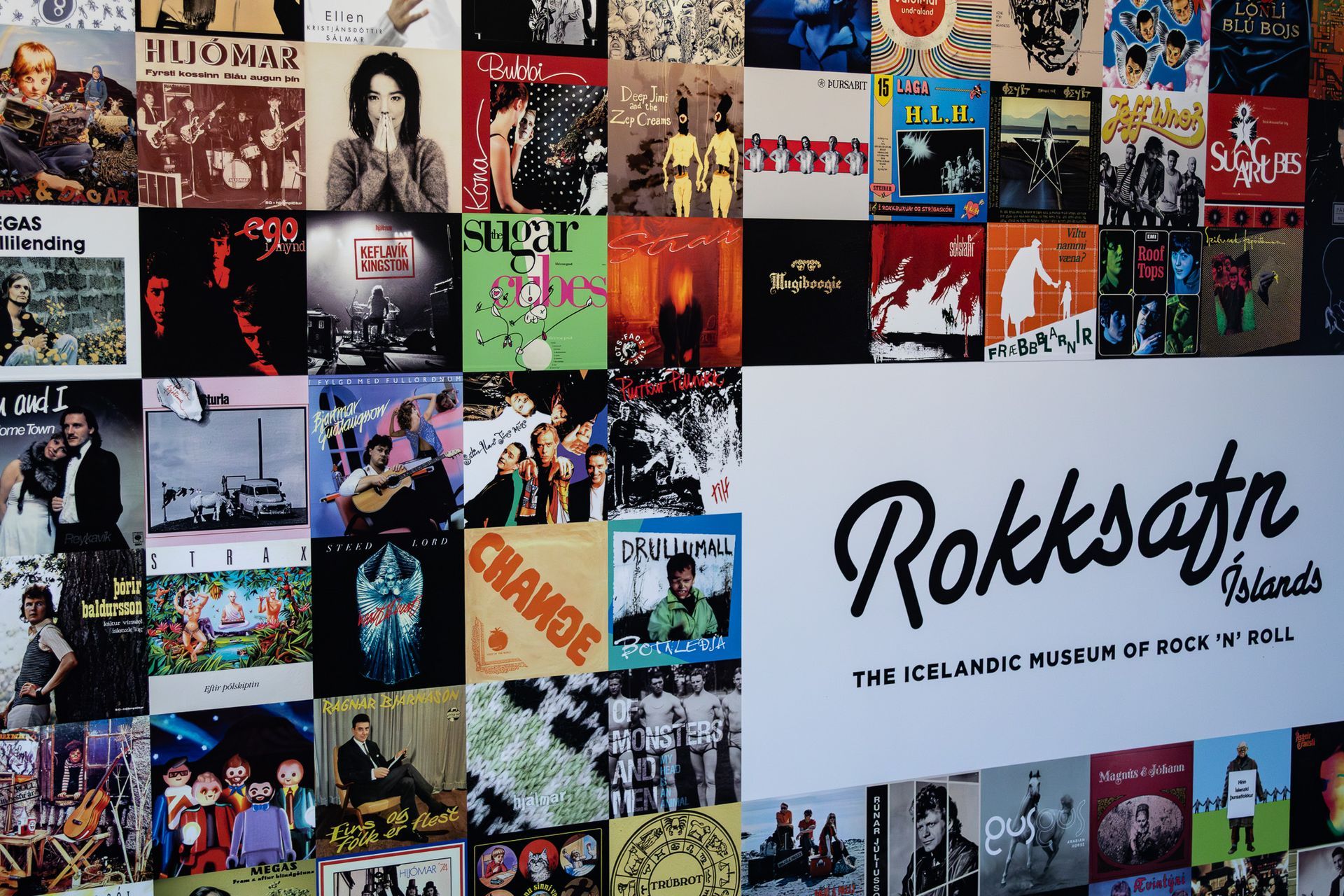 Wall of Icelandic album covers at the Icelandic Museum of Rock ’n’ Roll.