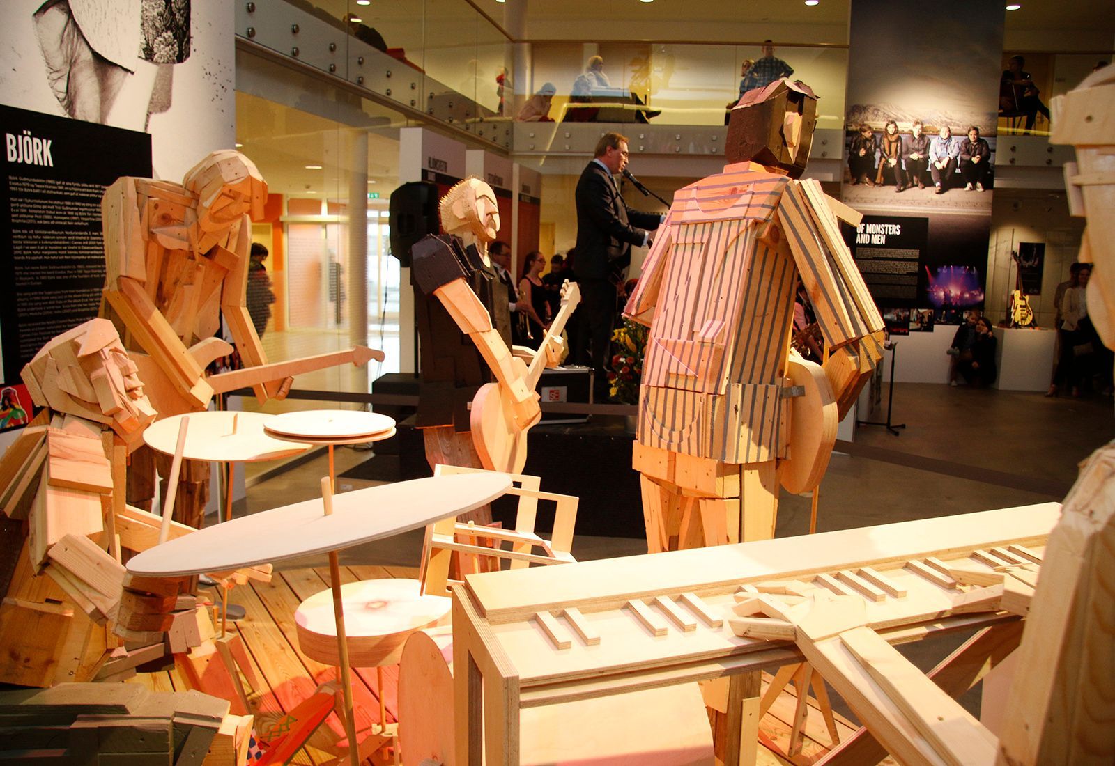Wooden musician figures and instruments on display at the Icelandic Museum of Rock ’n’ Roll.