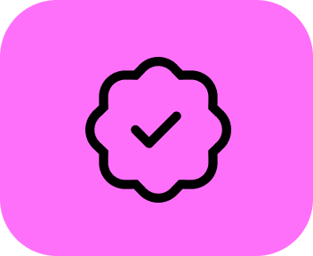 Ícone de selo com marca de verificação em preto sobre fundo rosa.