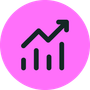 Ícone de gráfico de crescimento em preto sobre fundo rosa circular.