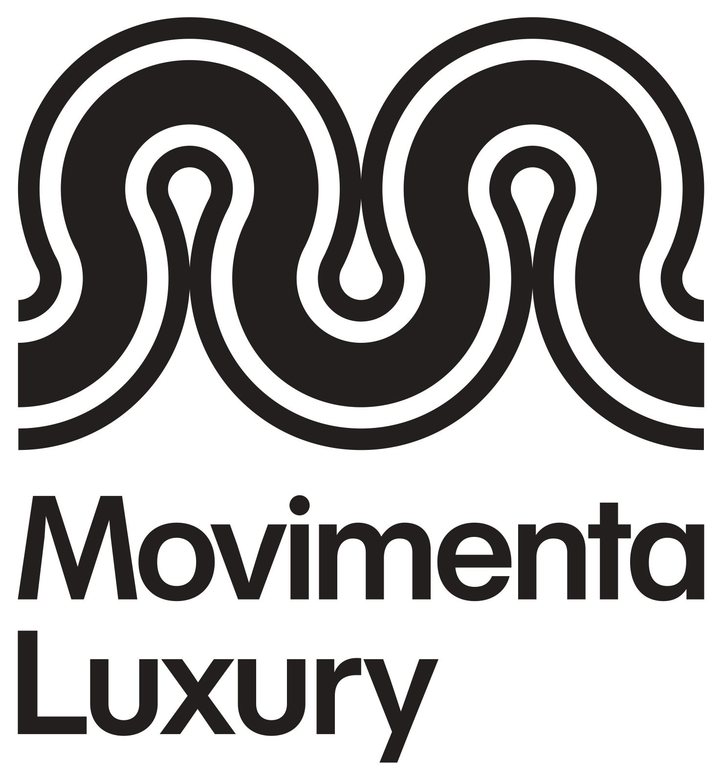 Logo in bianco e nero con un simbolo M stilizzato a forma di onda sopra la scritta 