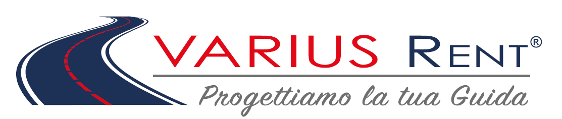 Logo per Varius Rent: un'icona stradale stilizzata accanto al nome del marchio e allo slogan 