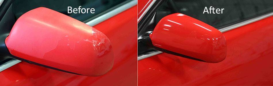 a before and after picture of a red car 's side mirror .