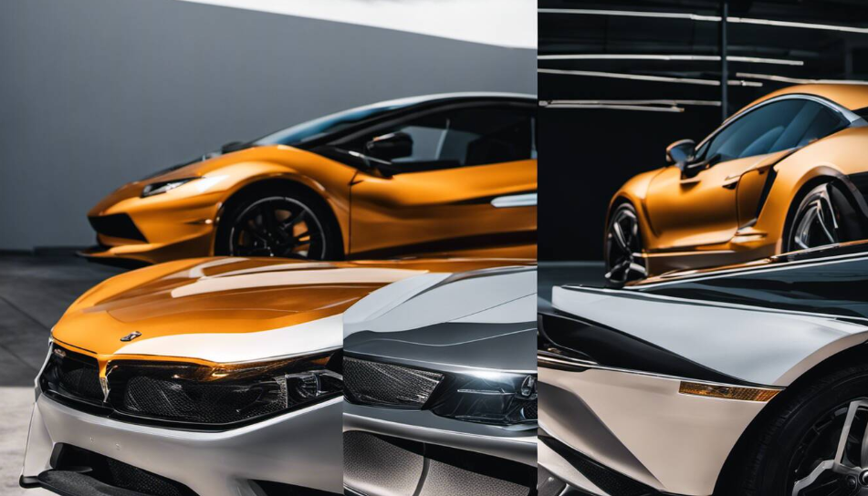 A collage of three pictures of a gold and silver sports car.