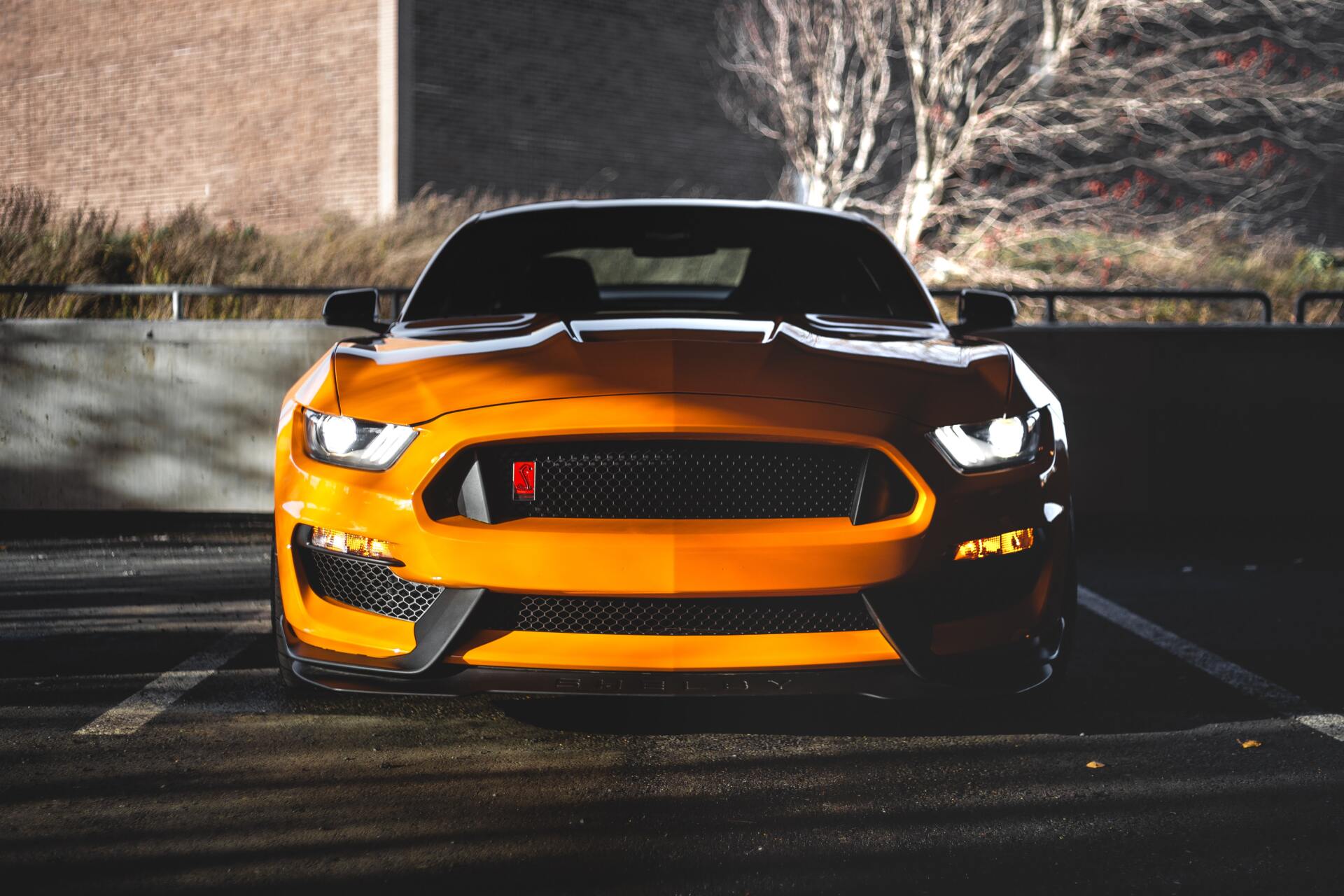 A yellow ford mustang is parked in a parking lot.