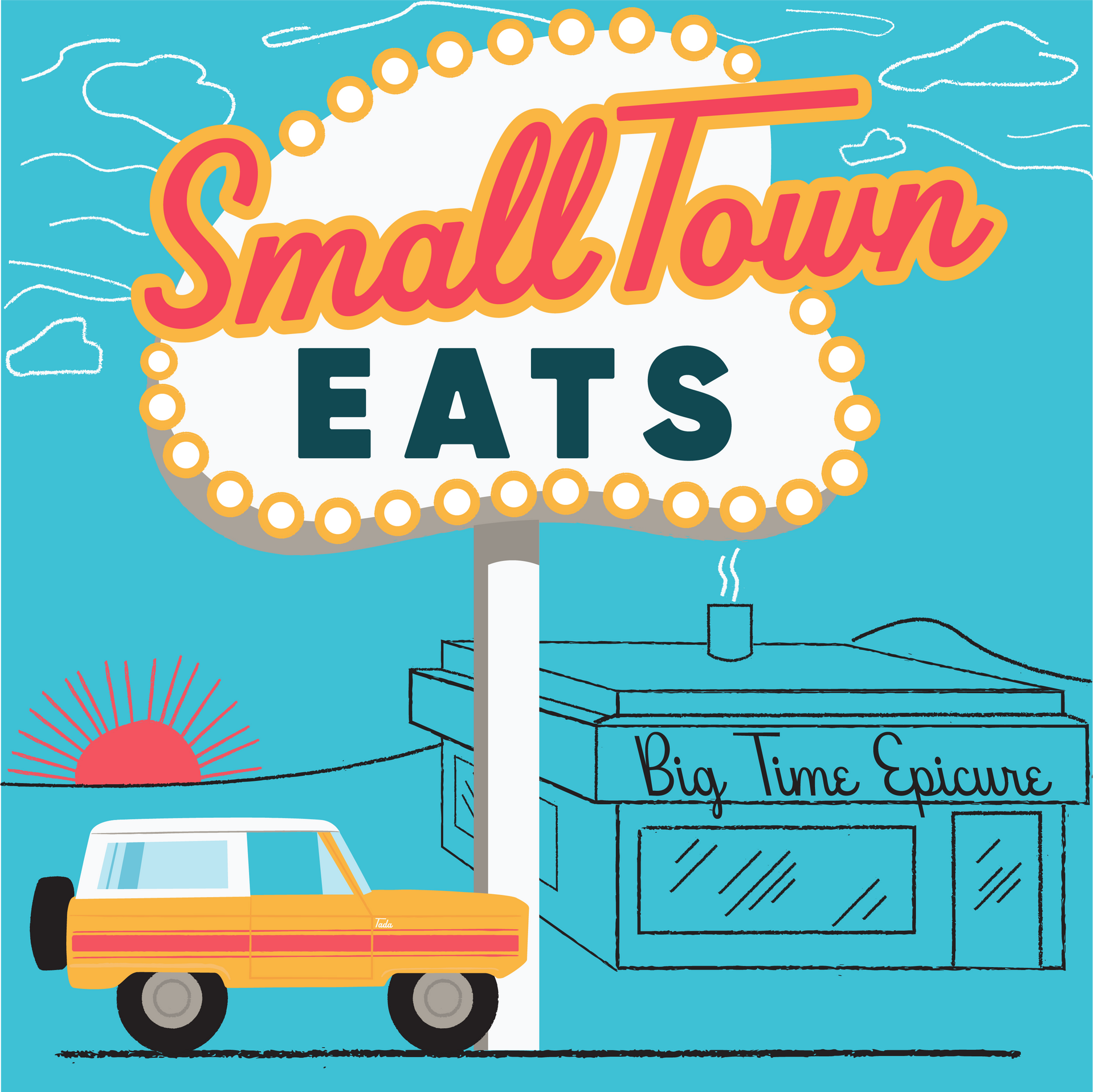 A small town eats sign with a car in front of it