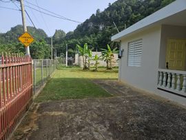 A side view of a white house with a yellow door, a small lawn, and a metal fence next to a yellow road sign.