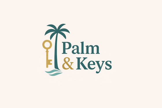 A logo featuring a dark green palm tree, a gold key, and blue wavy lines next to the teal text