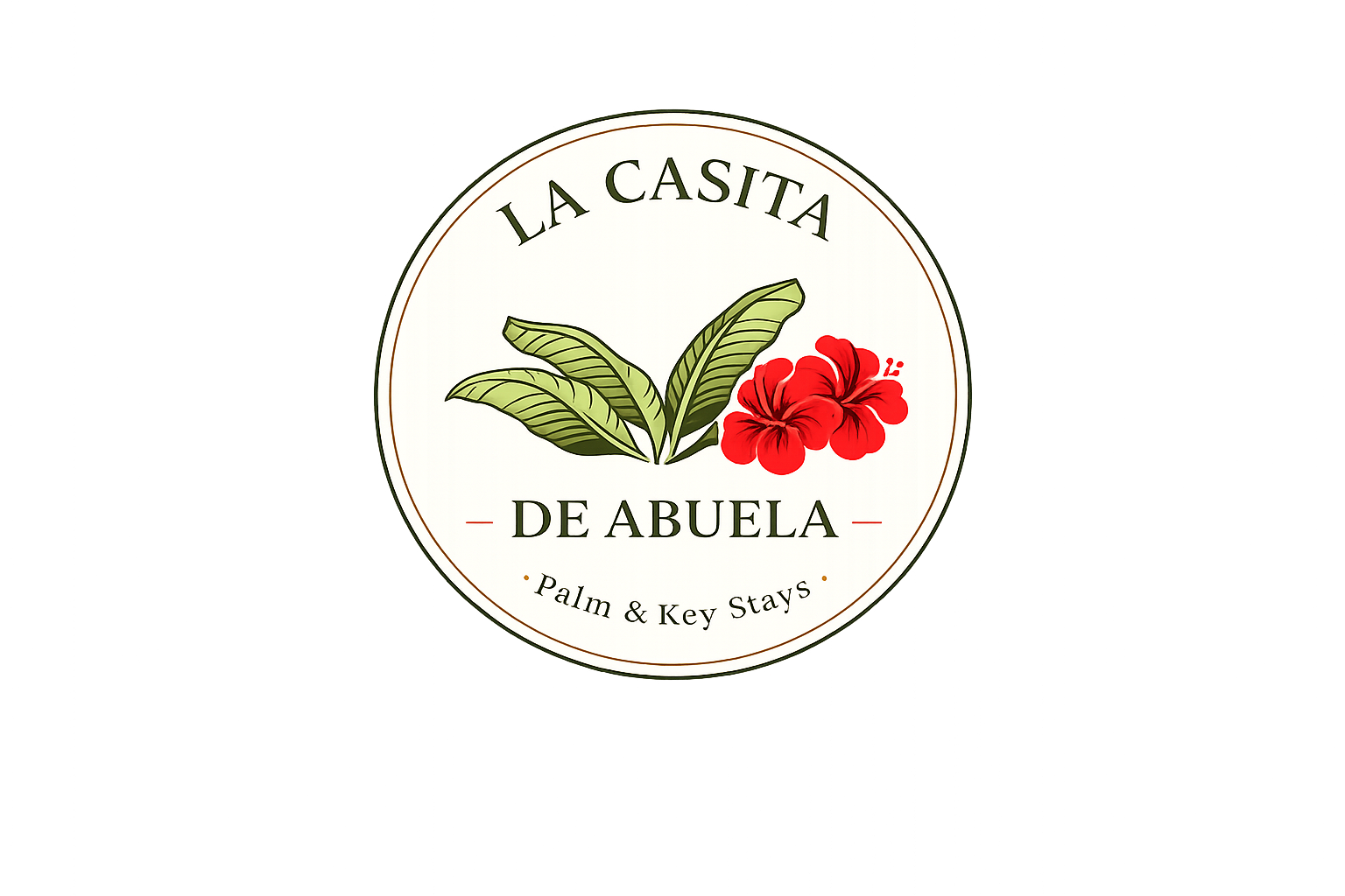 Logo for "La Casita De Abuela - Palm & Key Stays" featuring green tropical leaves and red hibiscus flowers in a circle.