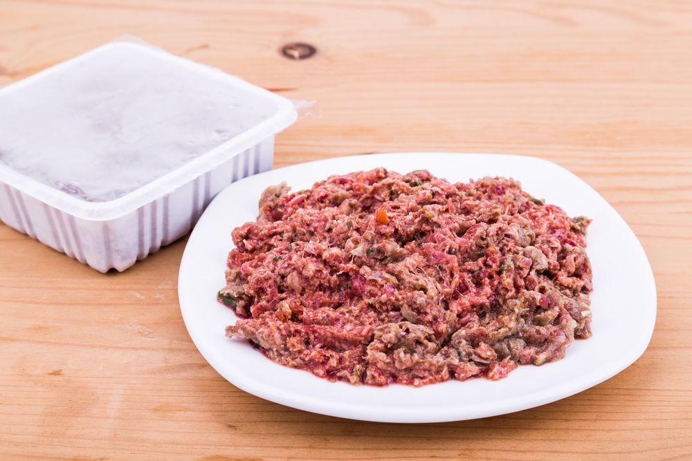 A White Plate Topped With Ground Beef Next To A Plastic Container Of Ground Beef — Cessnock Pet & Greyhound Supplies in Newcastle, NSW