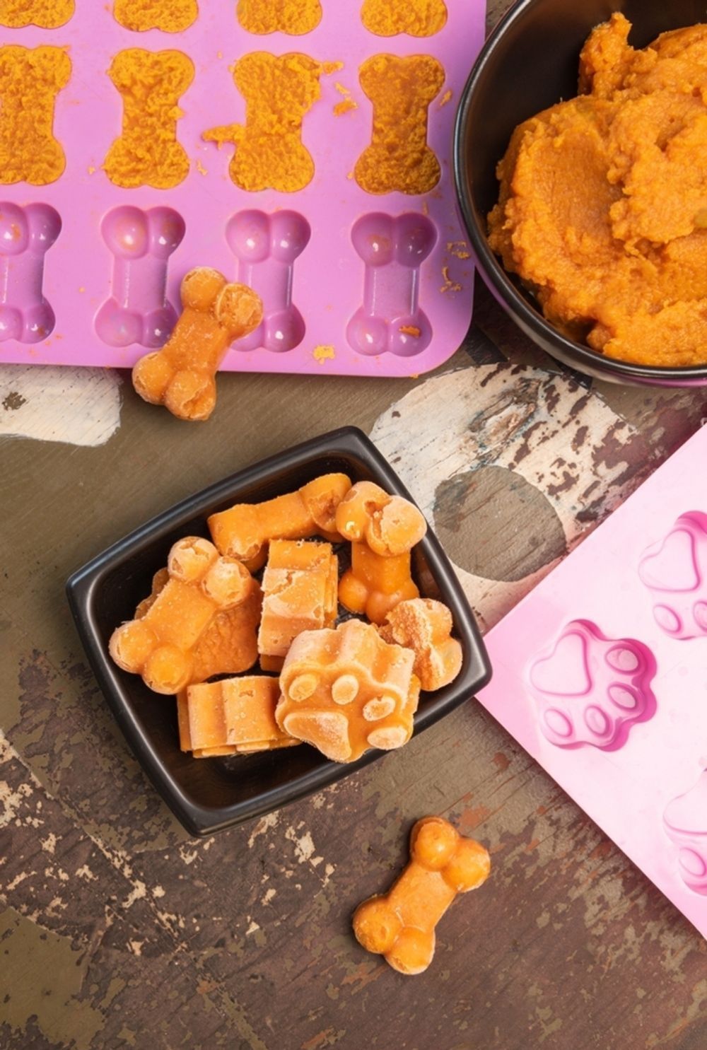 A Bowl Of Dog Treats And A Bowl Of Mashed Potatoes Are On A Table — Cessnock Pet & Greyhound Supplies in Singleton, NSW