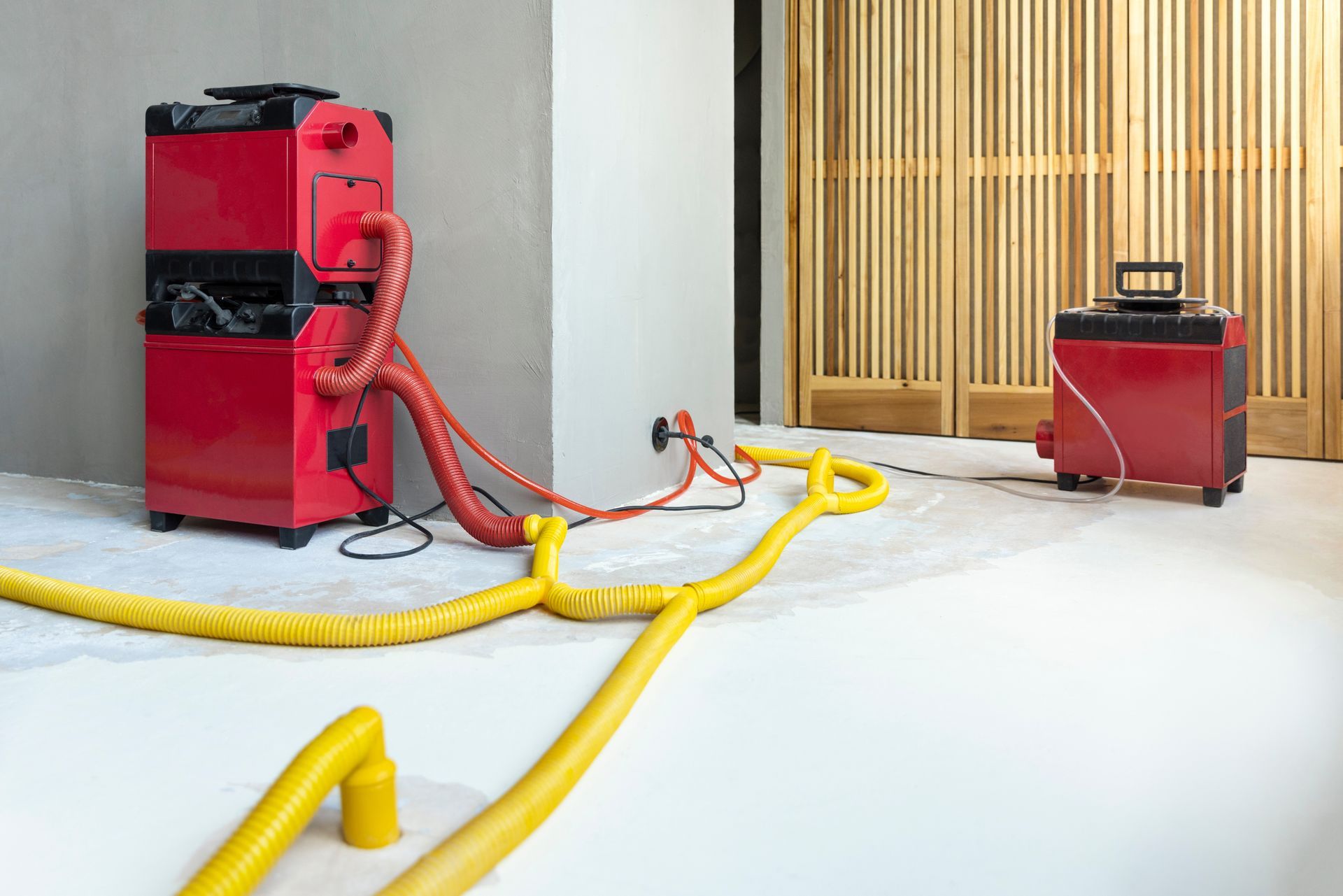 two red machines are sitting on a white floor next to each other .
